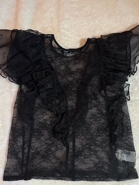 Express Black Sheer Lace Ruffle Sleeve Blouse